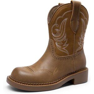 ⚡Women's Tan Round Toe Embroidered Mid Calf Western Casual Cowgirl Boots